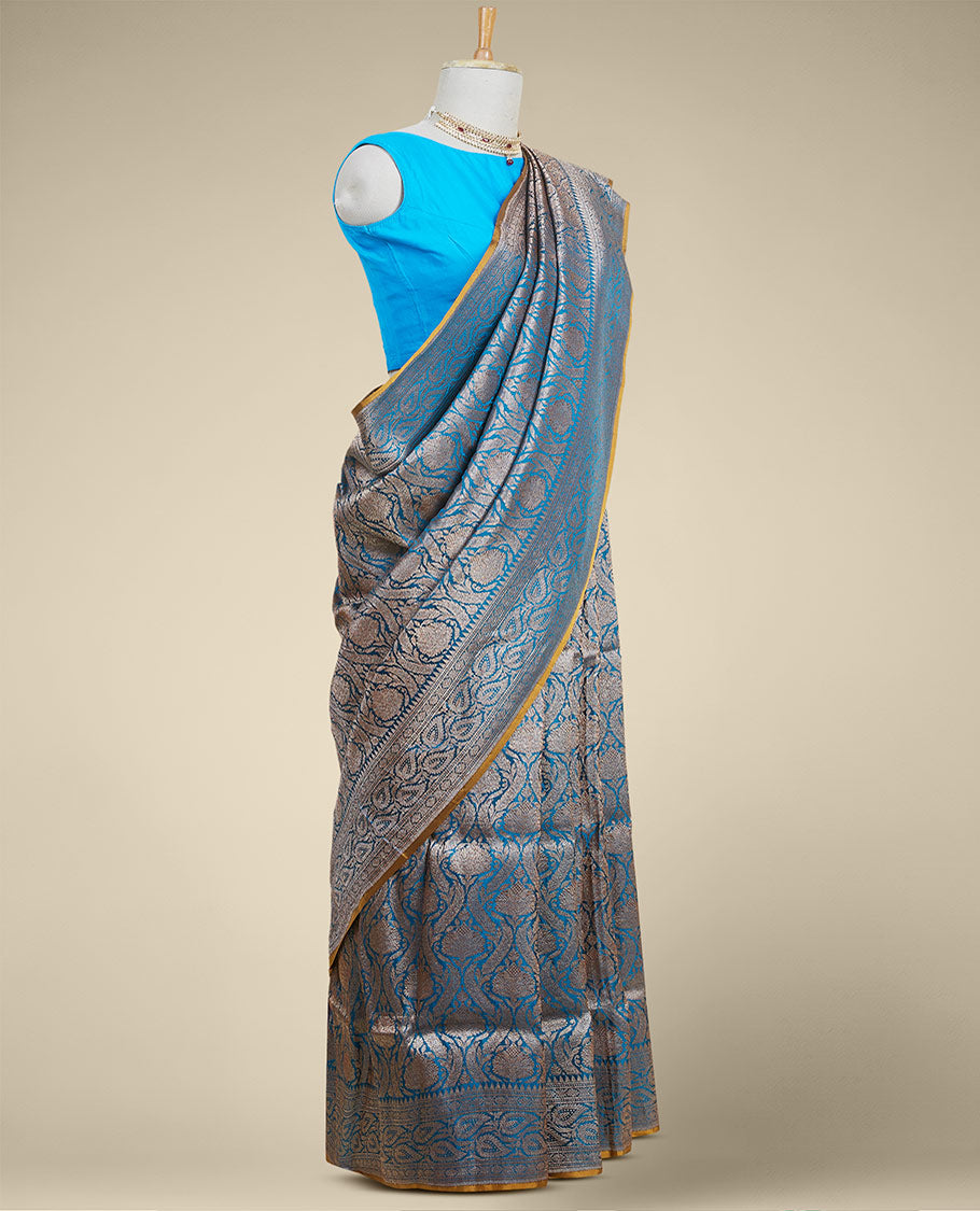 Blue jacquard banaras silk saree with self paisleys design border