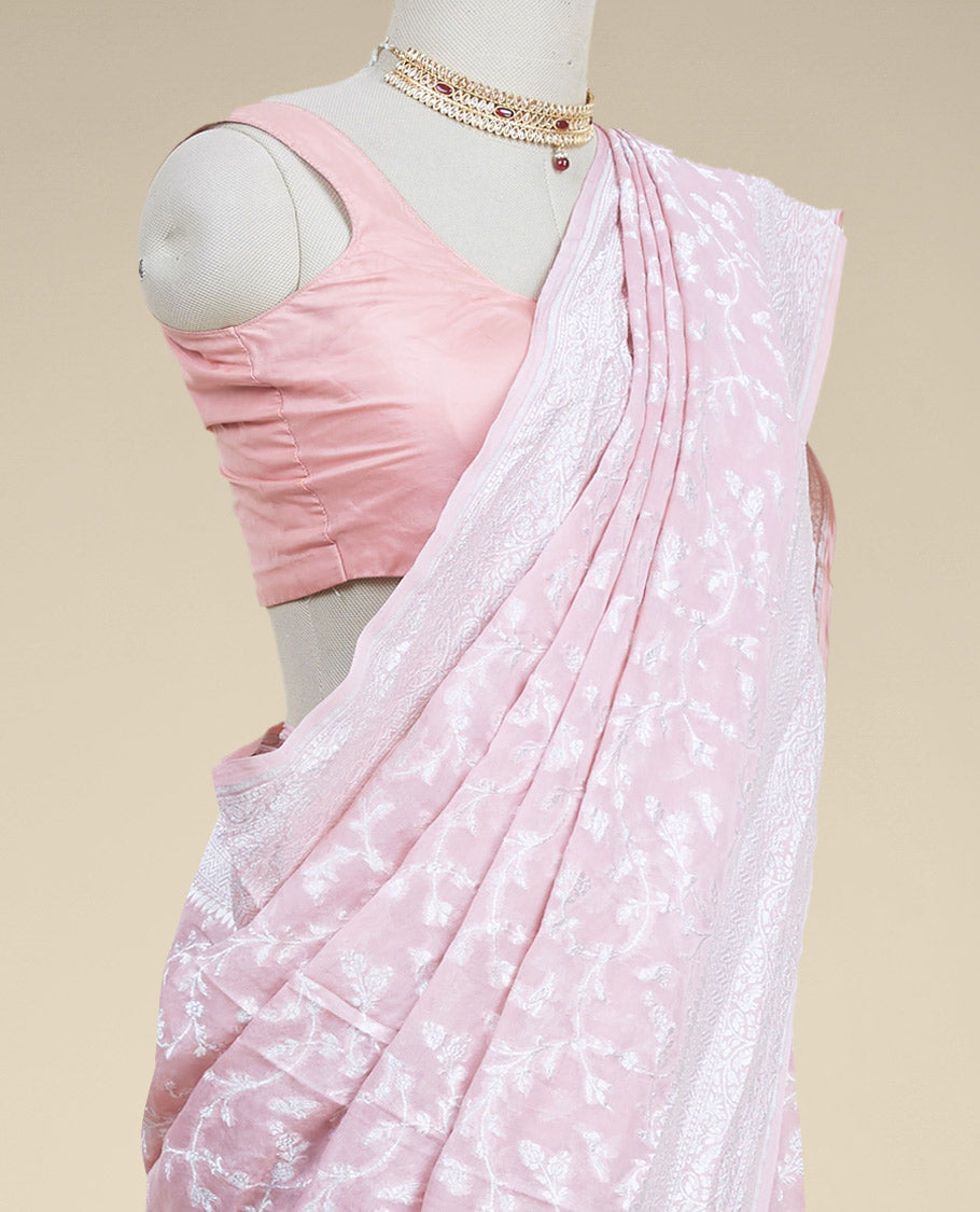 Pink floral vine design  banaras georgette saree with self inticate zari border