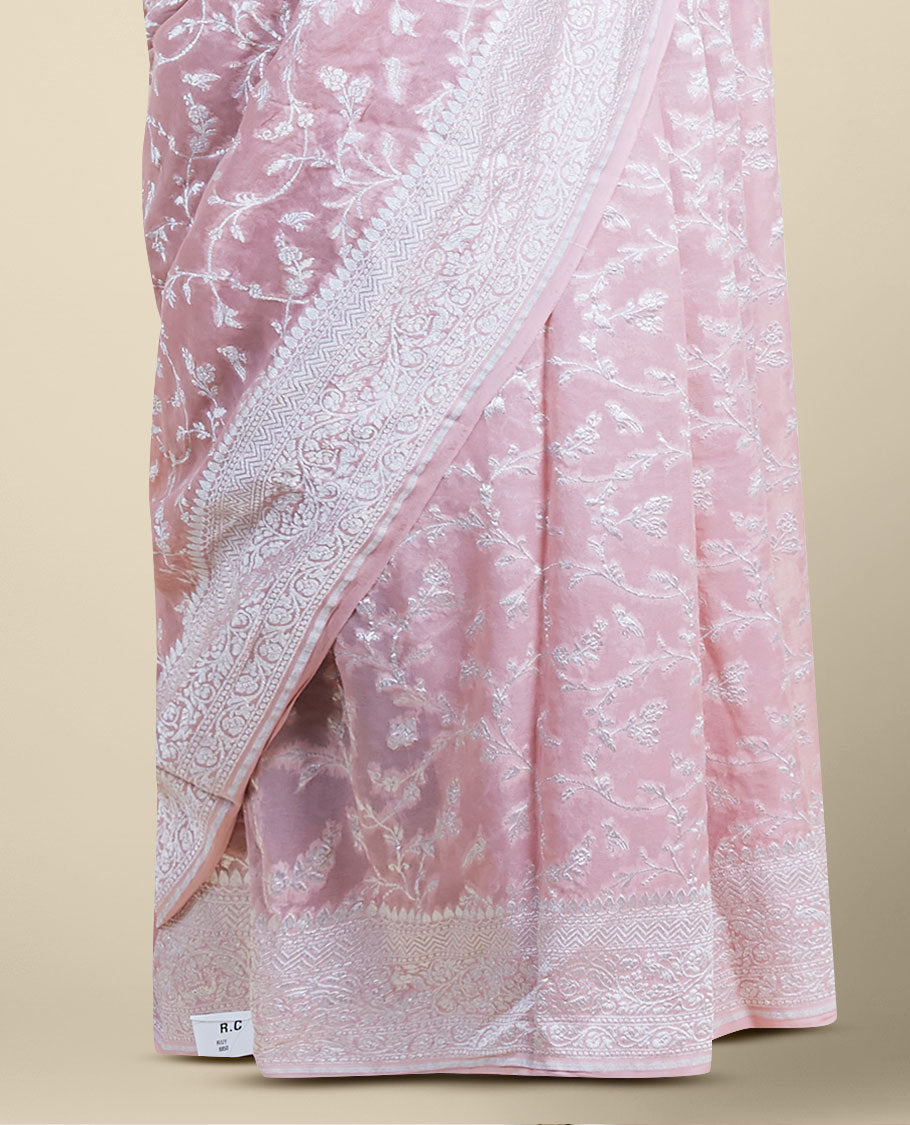Pink floral vine design  banaras georgette saree with self inticate zari border