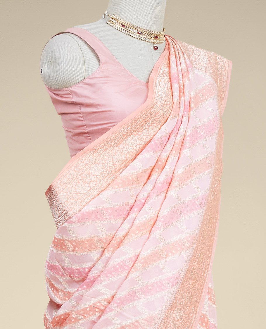 Peach rangkat style banaras georgette saree with contrast floral zari border