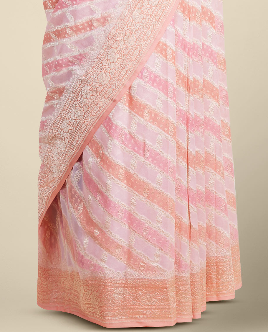 Peach rangkat style banaras georgette saree with contrast floral zari border