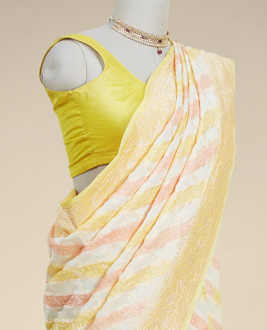 Yellow rangkat style banaras georgette saree with contrast floral zari border