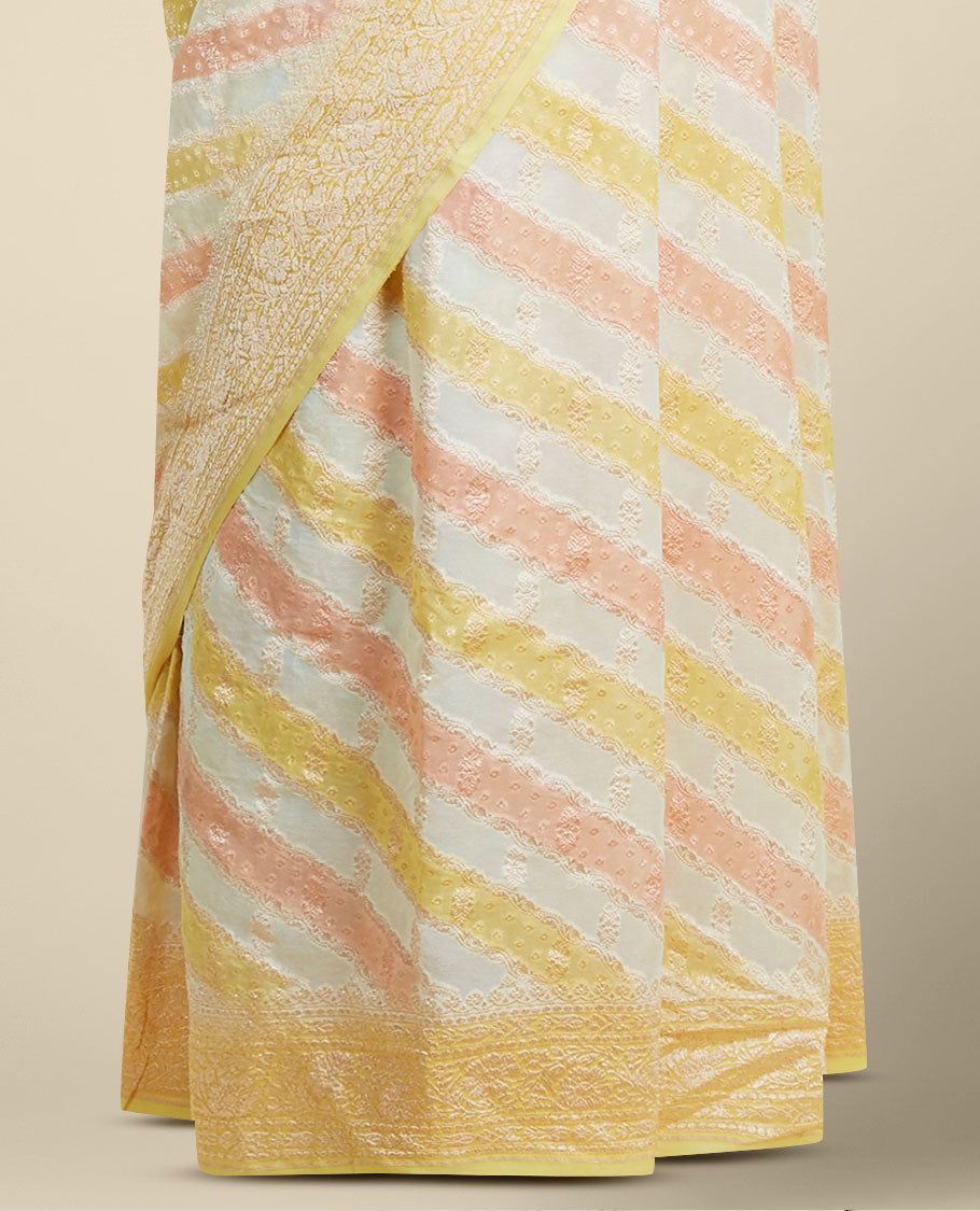 Yellow rangkat style banaras georgette saree with contrast floral zari border