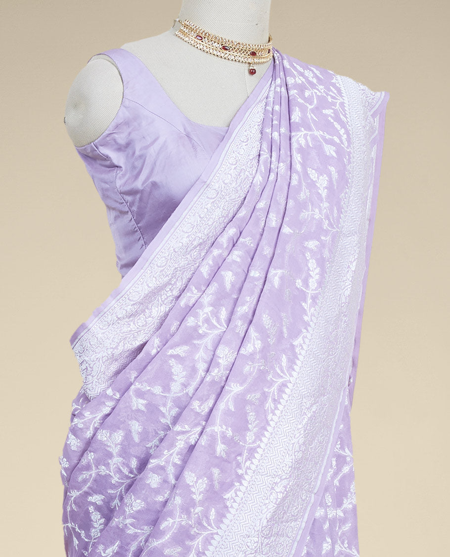 Lavender  floral jacquard banaras georgette saree with self intricate zari border