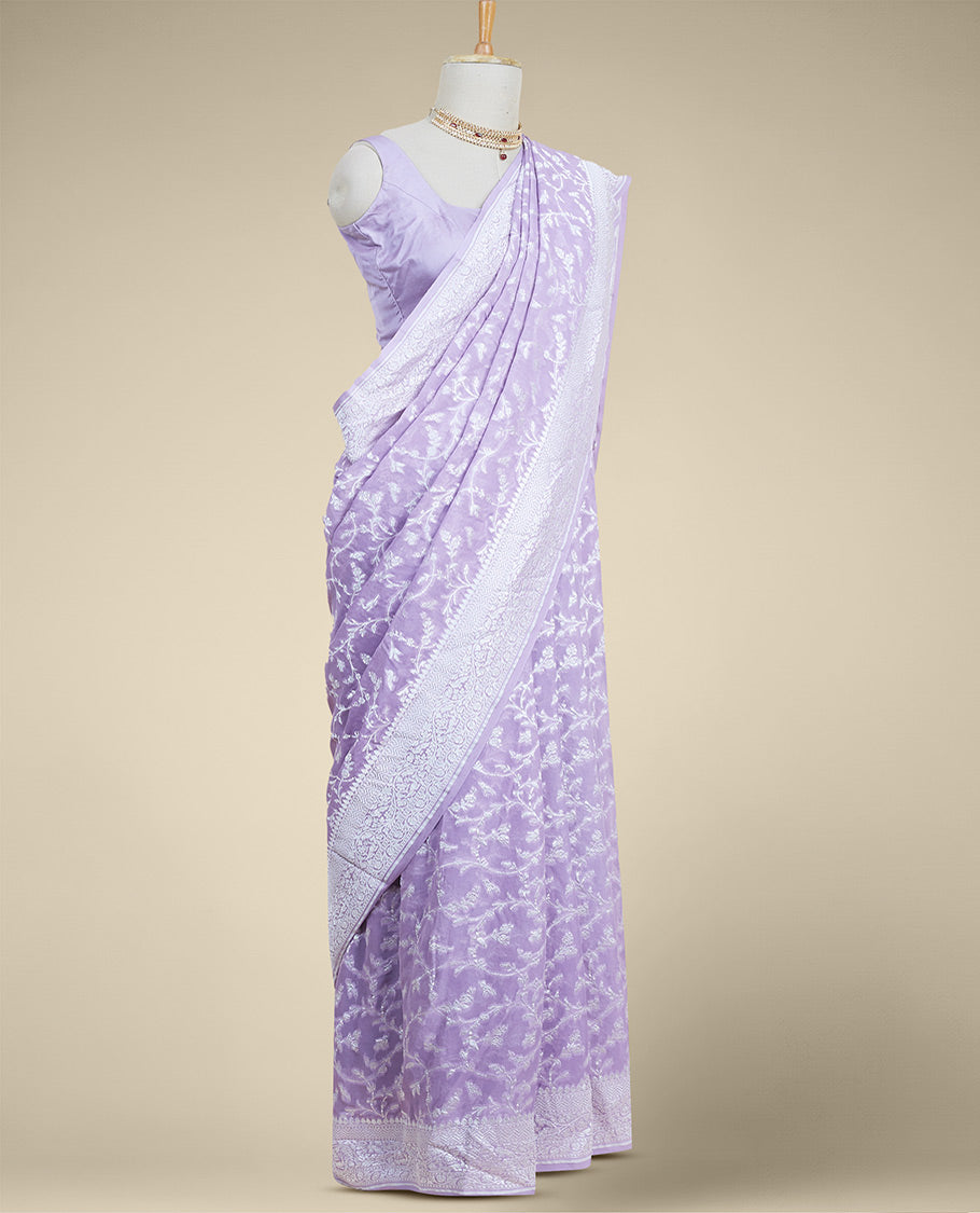Lavender  floral jacquard banaras georgette saree with self intricate zari border