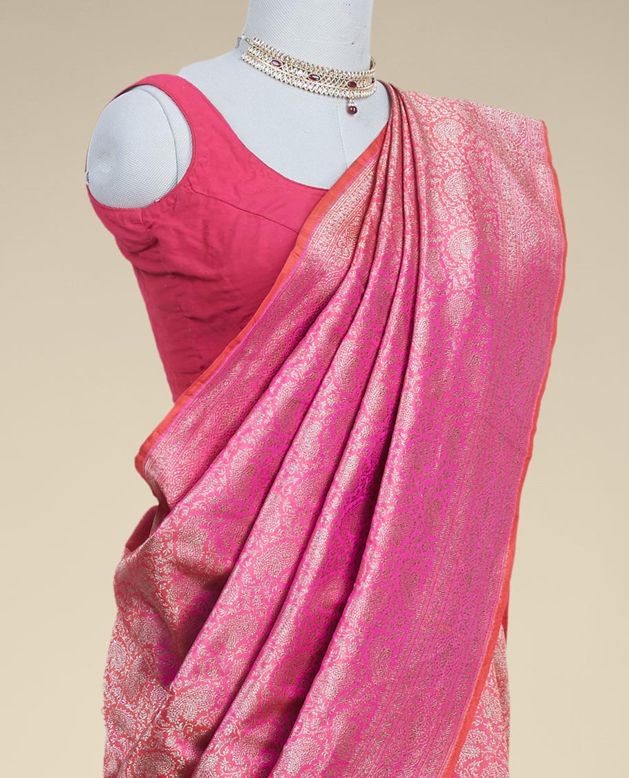 Pink  floral jacquard banaras silk saree with self intricate zari border