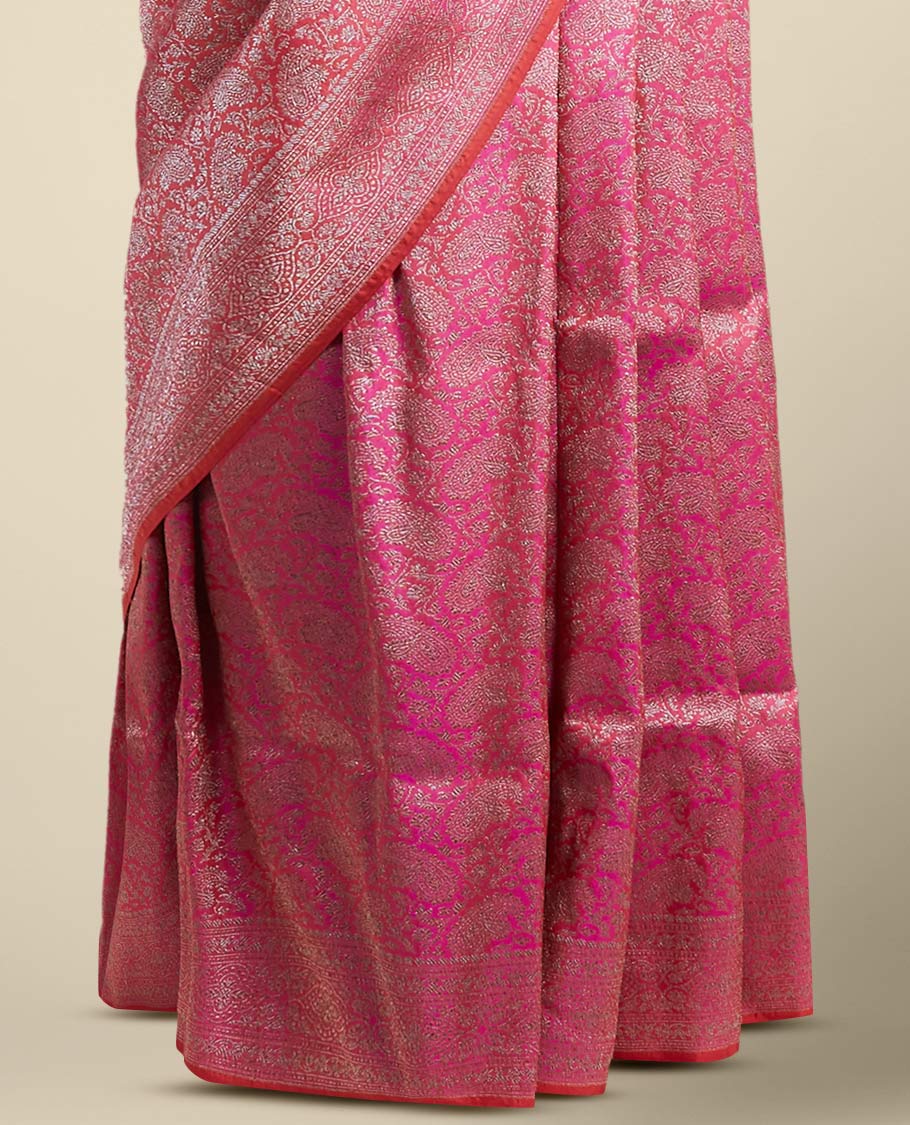 Pink  floral jacquard banaras silk saree with self intricate zari border