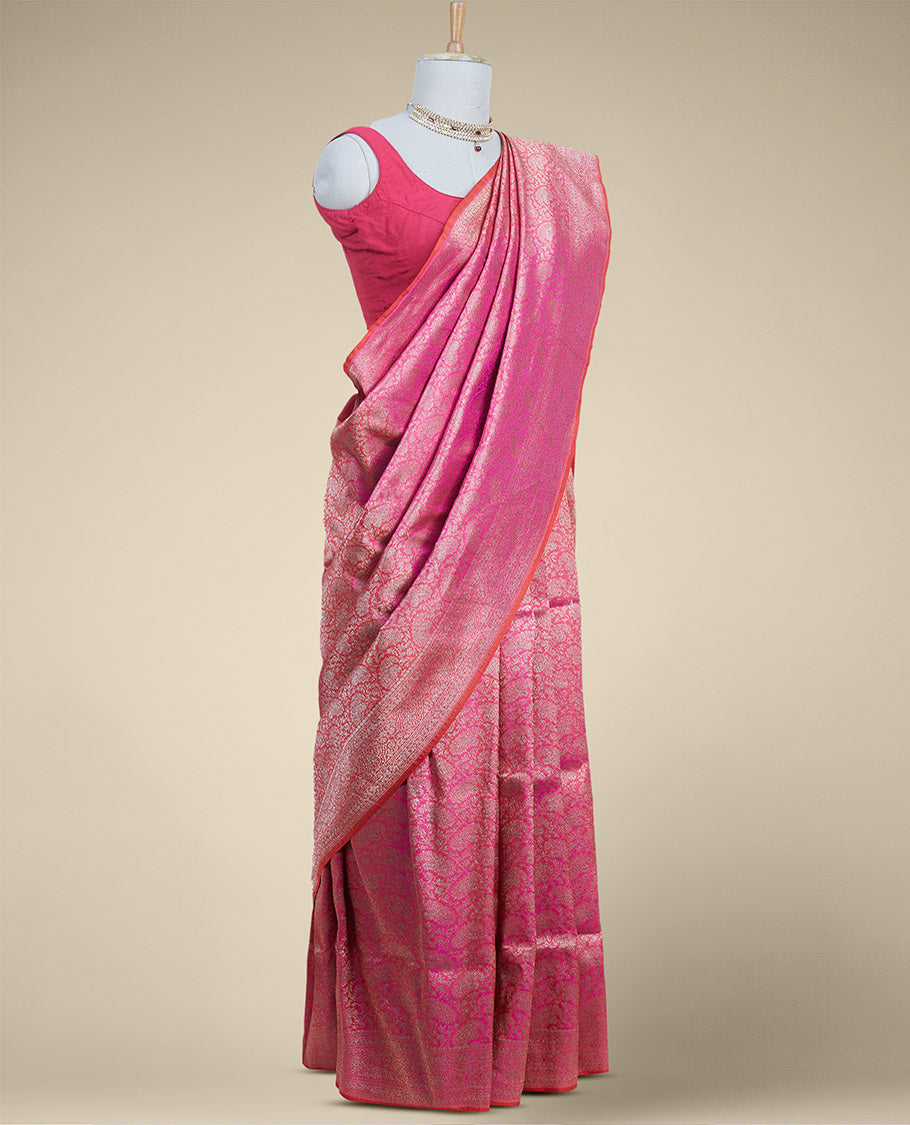 Pink  floral jacquard banaras silk saree with self intricate zari border