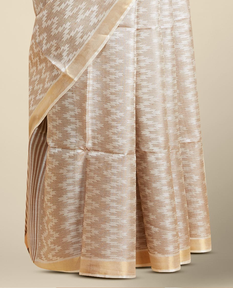 Cream zig zag striped design tusser silk saree with self zari border
