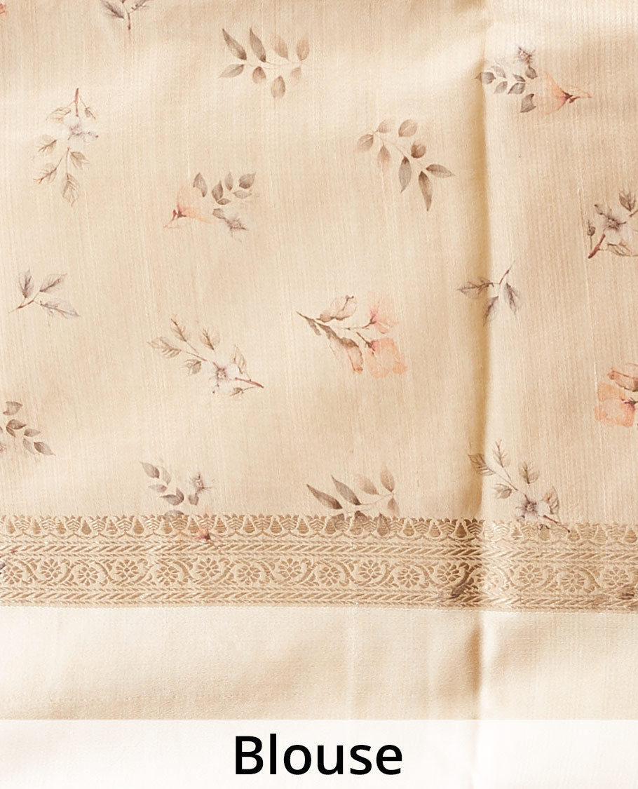 Sandal floral buttas tusser printed silk saree with contrast floral printed border
