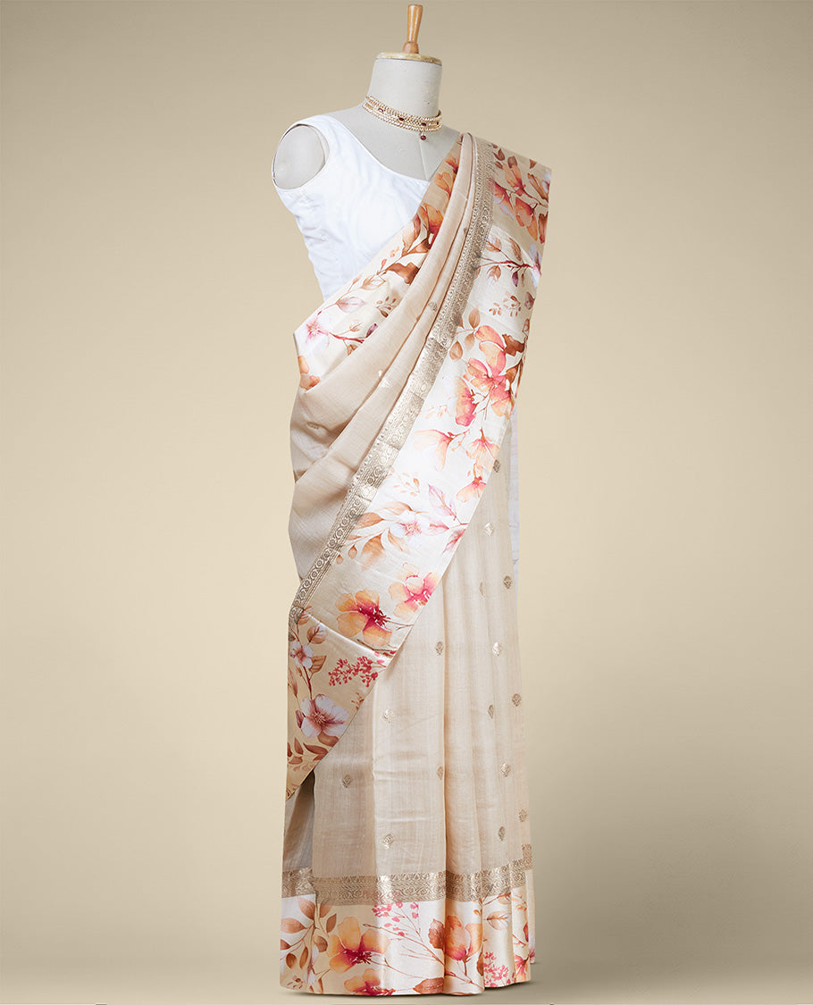 Sandal floral buttas tusser printed silk saree with contrast floral printed border