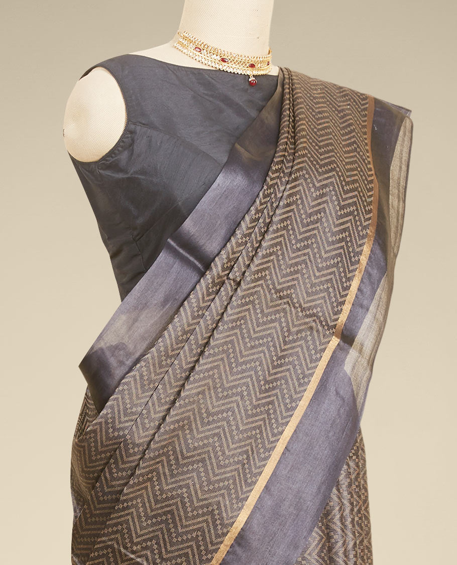 Black zig zag striped tusser silk saree with self zari border