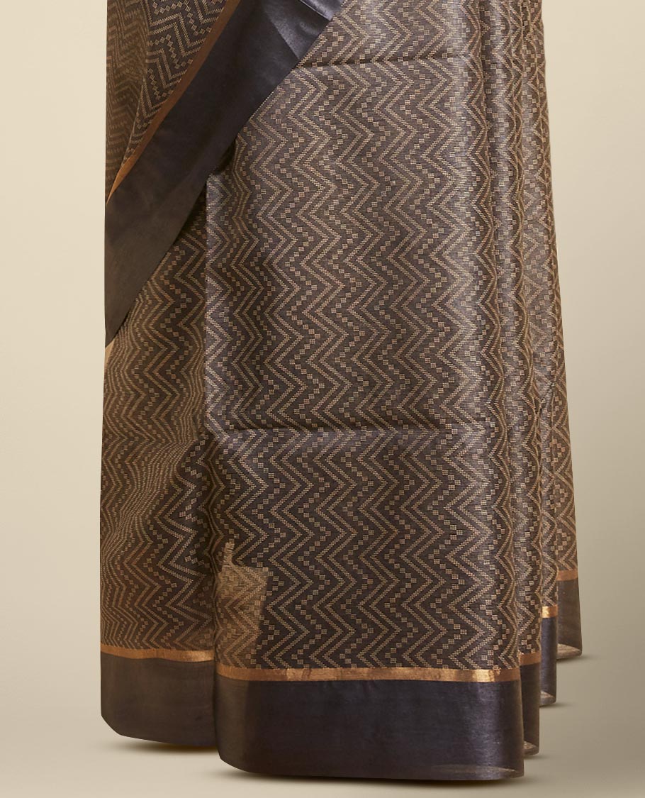 Black zig zag striped tusser silk saree with self zari border