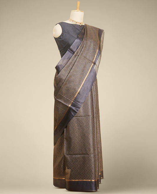 Black zig zag striped tusser silk saree with self zari border