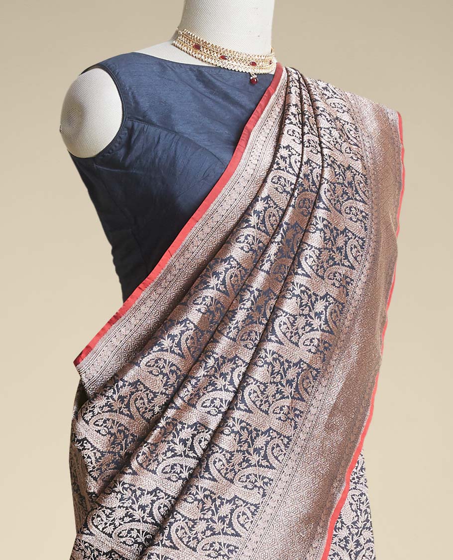 Black floral jacquard banaras silk saree with self intricate zari border