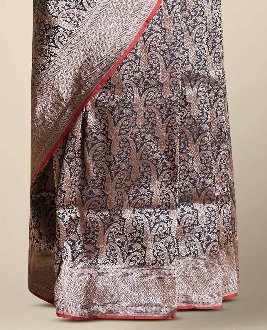 Black floral jacquard banaras silk saree with self intricate zari border