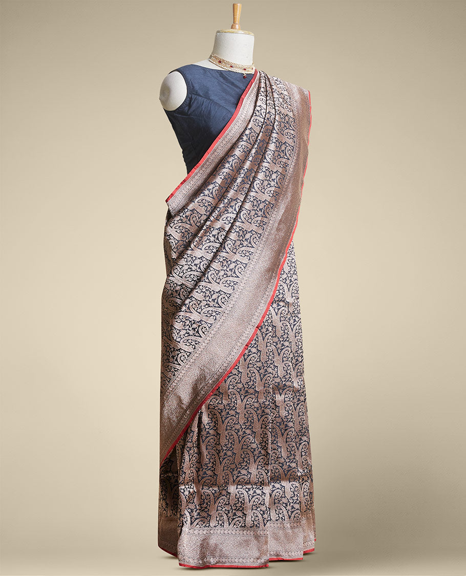 Black floral jacquard banaras silk saree with self intricate zari border