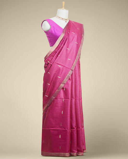 Purple floral tusser silk saree with self zari border