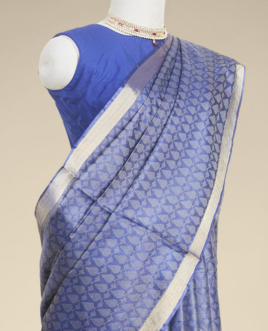 Blue leaf design tusser silk saree with self zari border