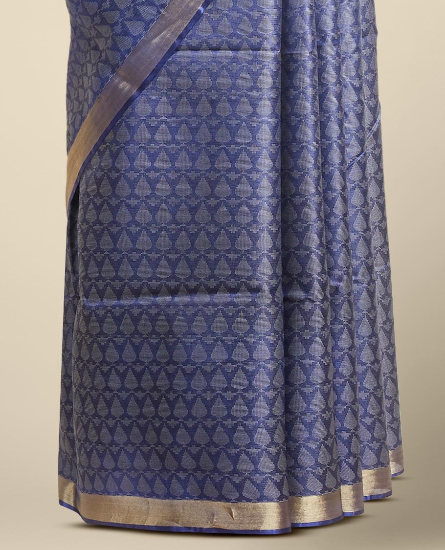 Blue leaf design tusser silk saree with self zari border