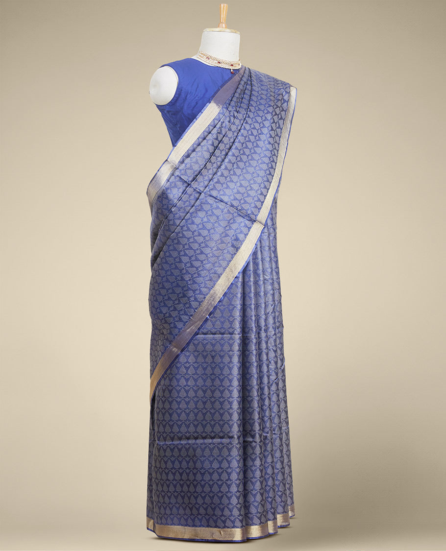 Blue leaf design tusser silk saree with self zari border