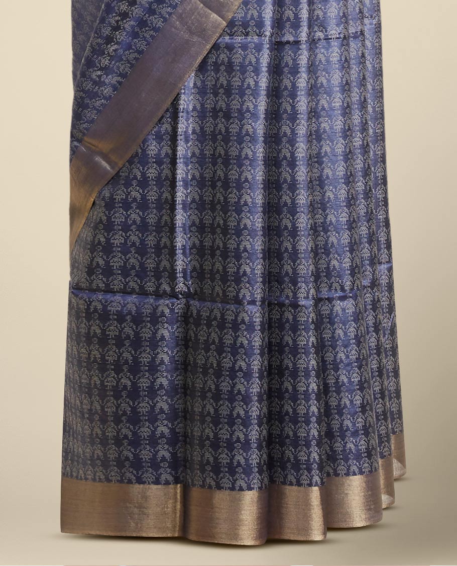 Blue  intricate zari design tusser silk saree with self-zari border