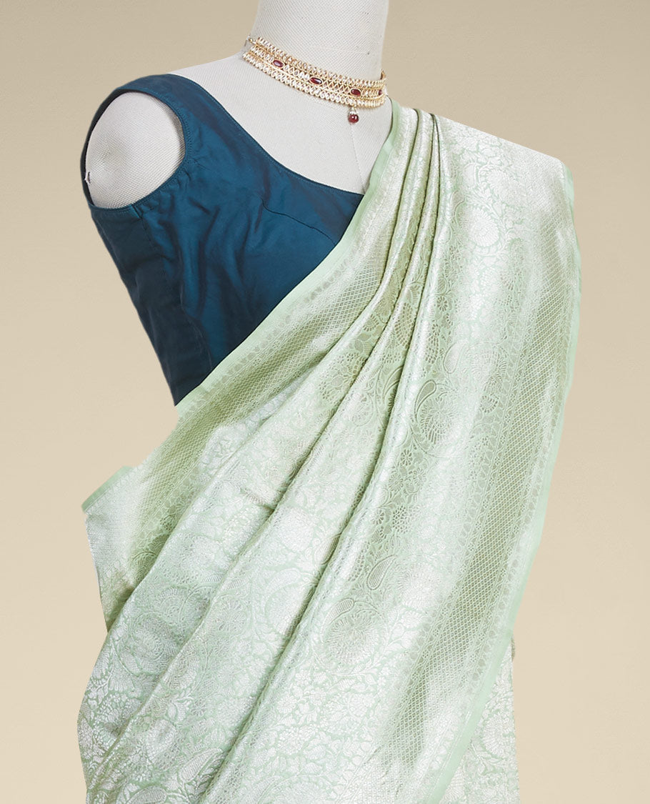 Green floral jacquard kathan silk saree with self-intricate zari border