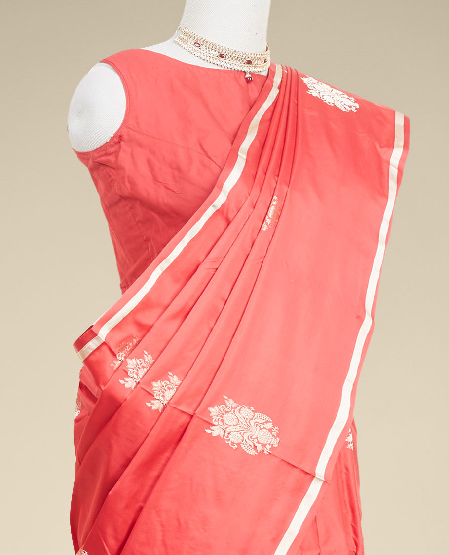 Red floral buttas kathan silk saree with self zari border
