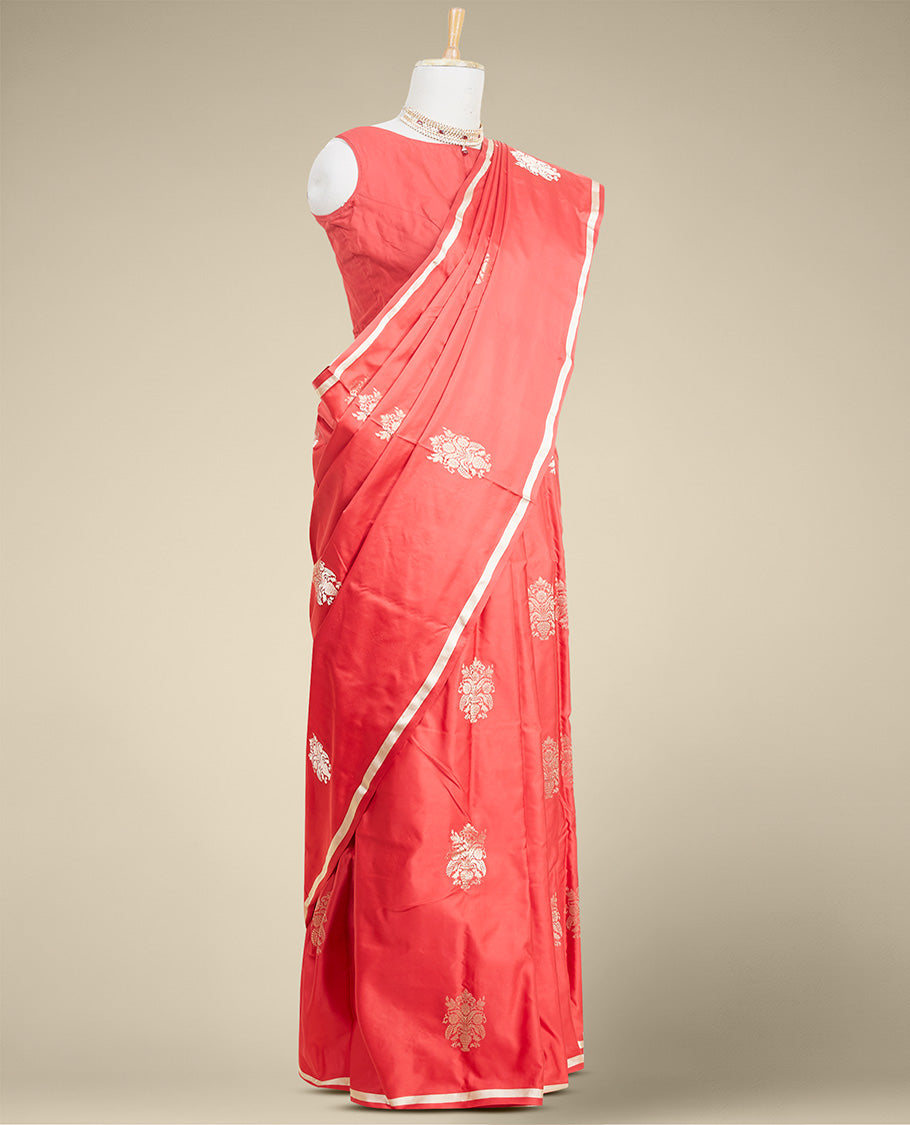 Red floral buttas kathan silk saree with self zari border