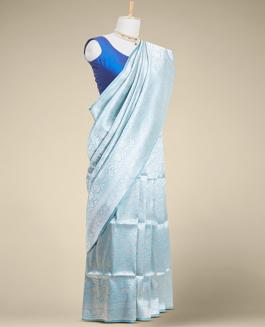 Blue floral jacquard banaras silk saree with self-intricate zari border