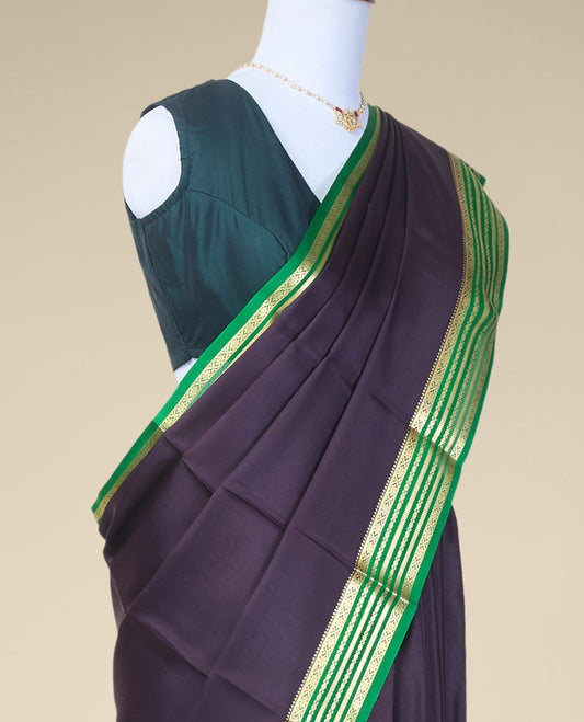 Maroon plain mysore silk saree with contrast zari design border