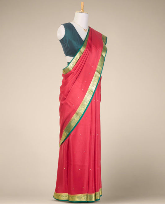Red polka dot mysore silk with contrast zari design border
