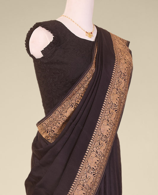 Black crepe crepe saree with self animal, floral design border