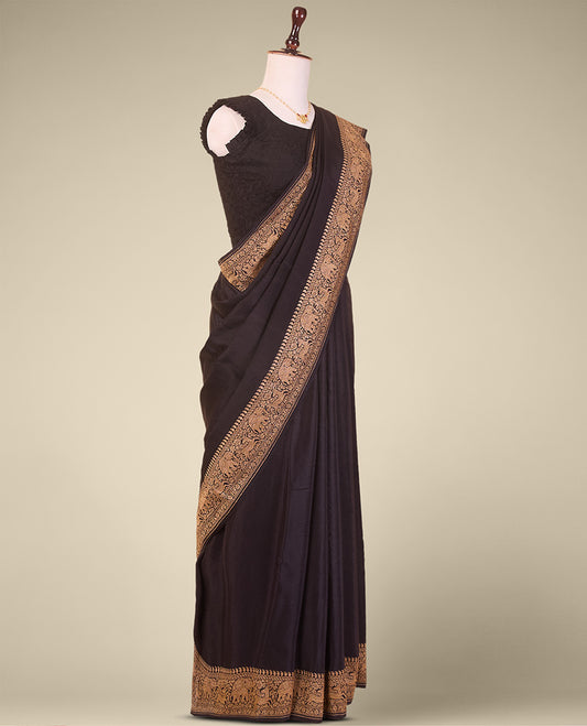 Black crepe crepe saree with self animal, floral design border