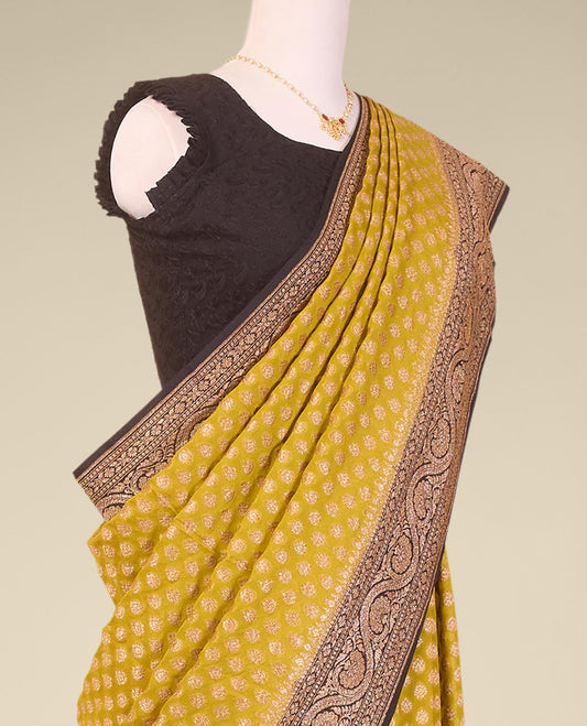 Green floral design banaras georgette saree with contrast floral design border