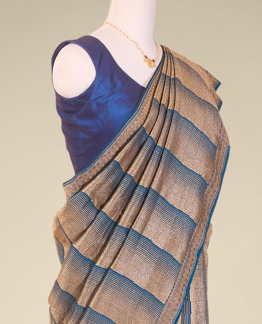 Blue striped crepe saree with self intricate zari design border