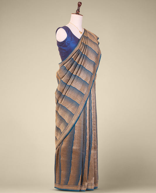 Blue striped crepe saree with self intricate zari design border