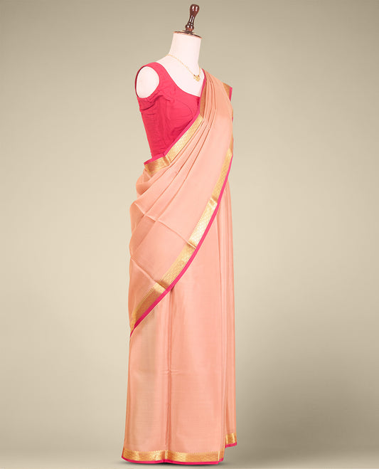 Beige plain mysore silk saree with contrast zari design border