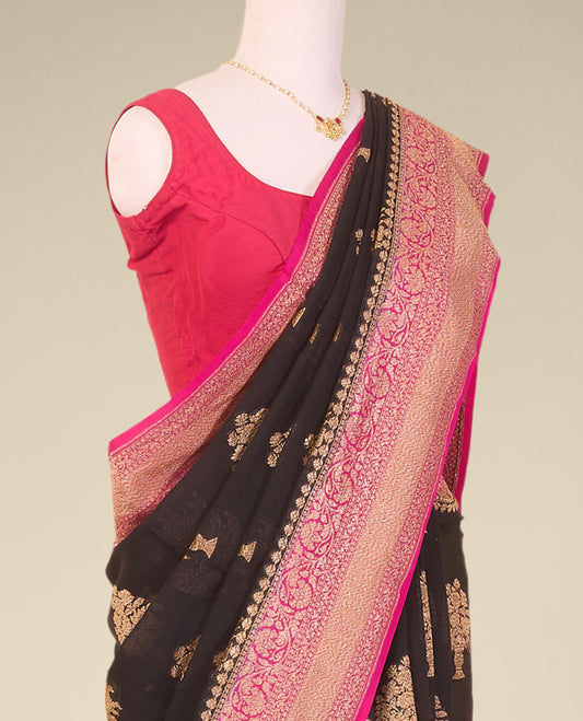 Black floral design banaras georgette saree with contrast intricate floral design border