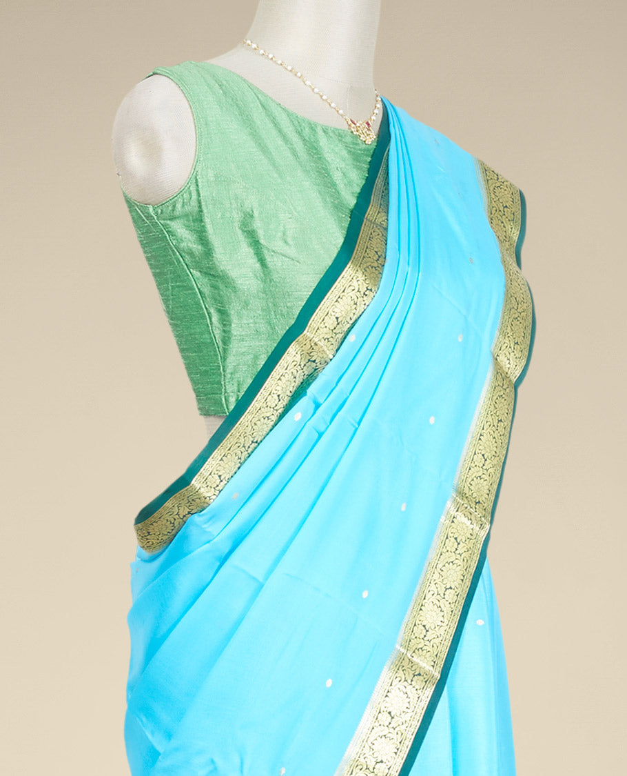 Blue small buttas mysore silk saree with contrast zari design border