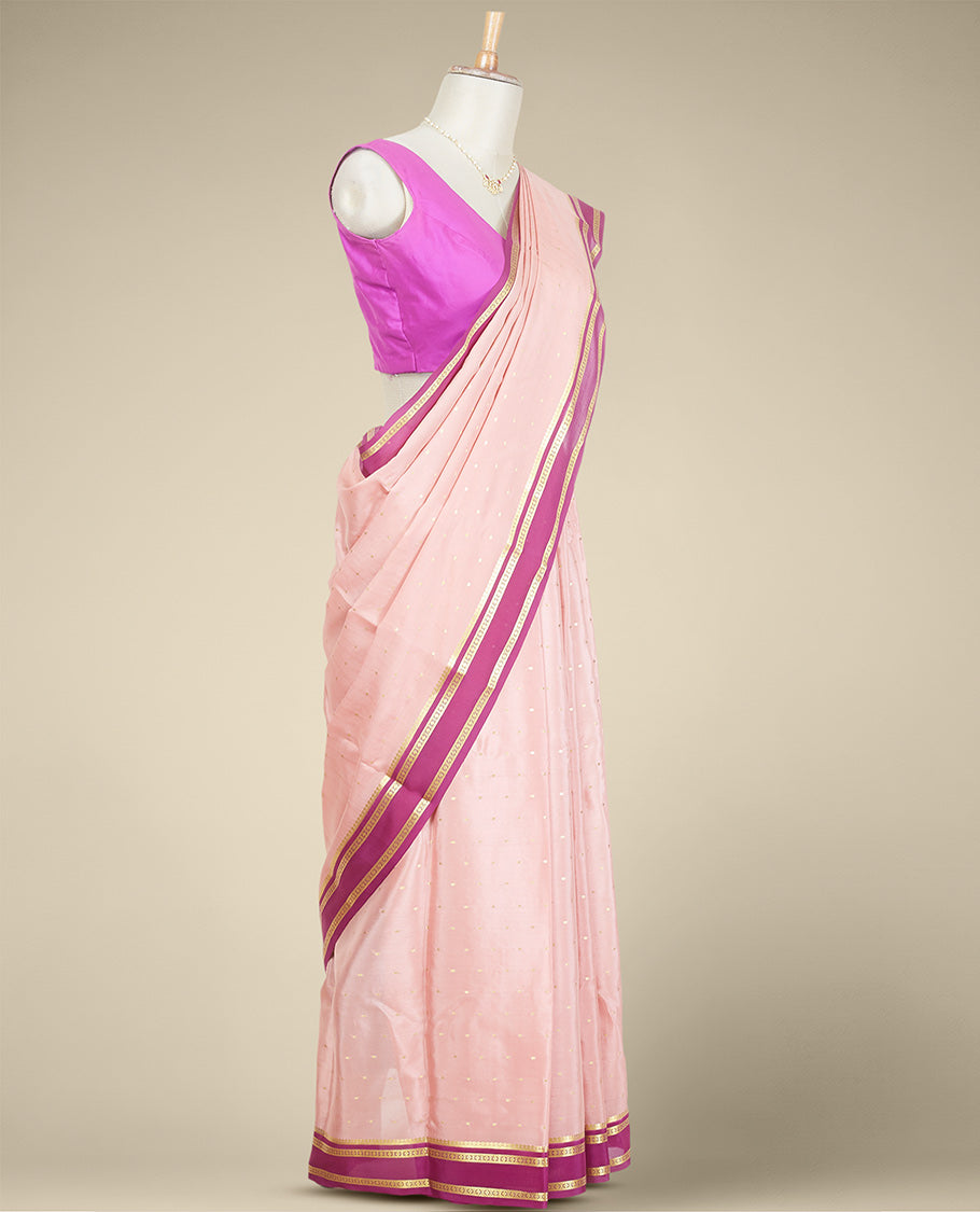 Beige buttas mysore silk saree with contrast rettai pettu zari design border