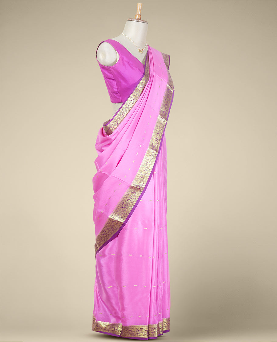 Pink buttas mysore silk saree with contrast floral zari design border
