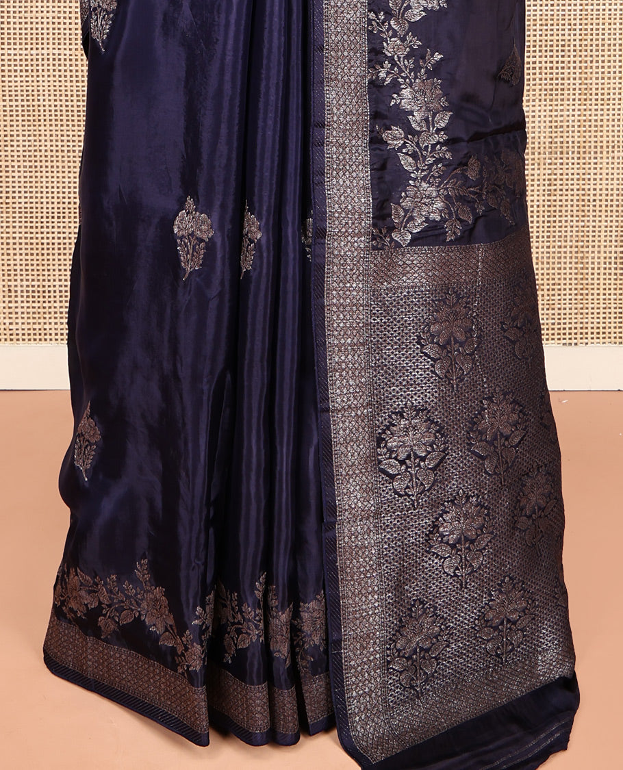 Navy Blue HO-Silk Saree, Adorned with Floral Zari Buttas All Over Its Body, Highlighted by Self-Border of Floral Creeper Designs, Floral Jaal Pallu and Paired with a Plain Blouse