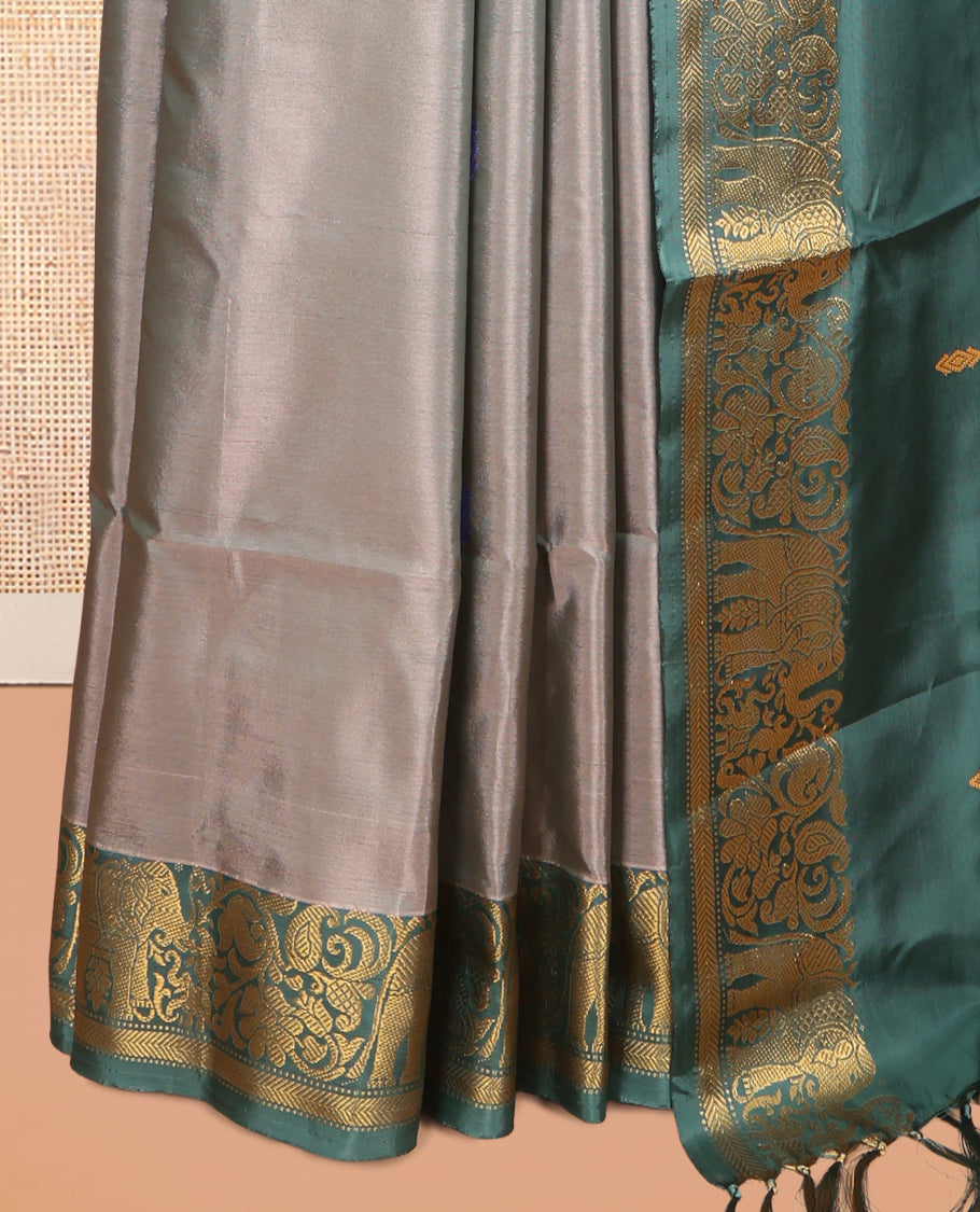 Grey Banana Pith Saree, Woven with Thread Buttas, a Contrast Elephant Border, Pallu of Buttas, and a Contrast Blouse