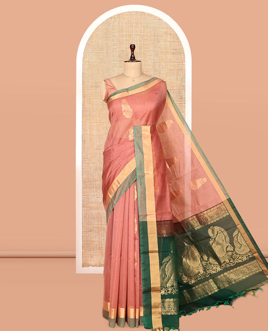 Peach Zari Butta Silk Cotton Saree