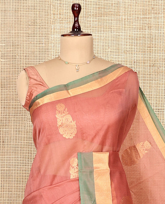 Peach Zari Butta Silk Cotton Saree