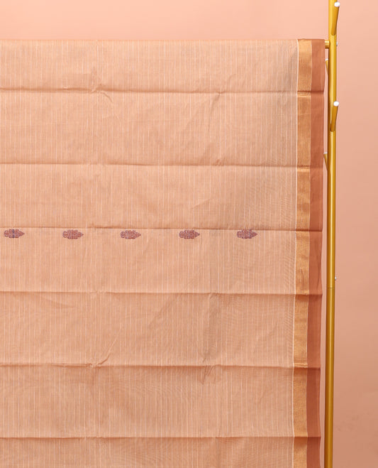 Sandal Kanchi Cotton Saree Showcasing Buttas and Stripes on Its Body, Contrast Border, Ogee-Patterned Pallu, and a Matching Blouse