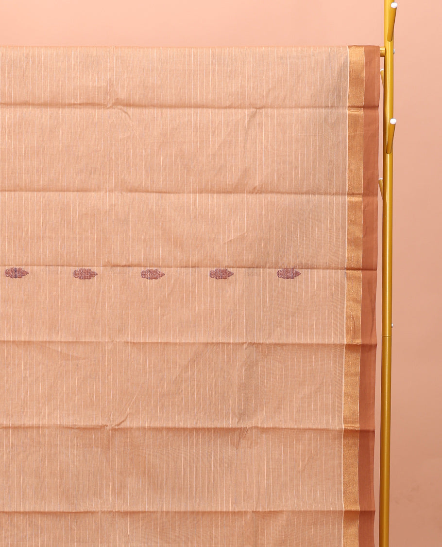 Sandal Kanchi Cotton Saree Showcasing Buttas and Stripes on Its Body, Contrast Border, Ogee-Patterned Pallu, and a Matching Blouse