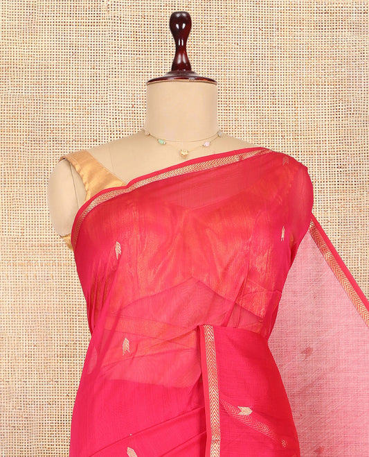 Red Maheshwari Cotton Saree, Detailed with Zari Buttas, a Zari Border, Zari Buttas Pallu, and a Matching Blouse