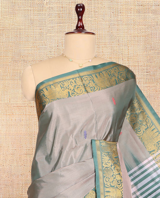 Grey Banana Pith Saree, Woven with Thread Buttas, a Contrast Elephant Border, Pallu of Buttas, and a Contrast Blouse